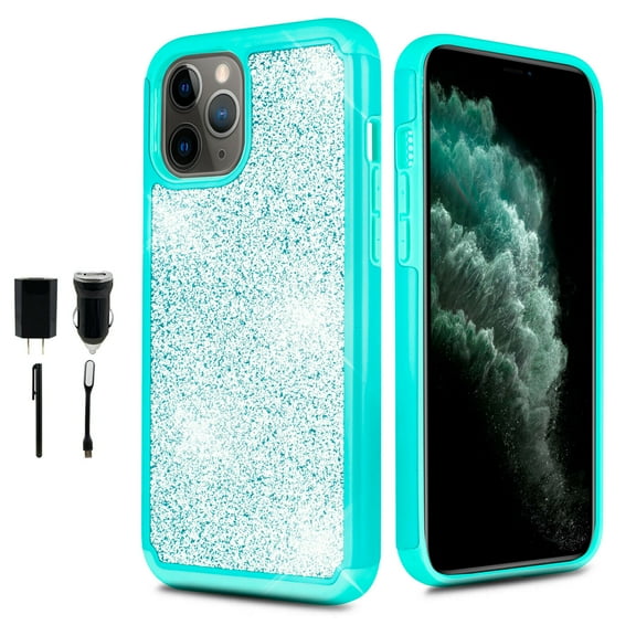 Value Pack for Apple iPhone 12 (5.4inch) with Temper Glass Glitter Hard Case Hybrid Cell Phone Case Glitter Shock proof Edge Slim Bumper Scratch Cover (Teal)