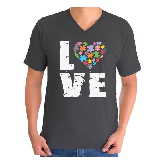 Awkward Styles Men's Love Puzzles Autism Awareness Graphic V-neck T-shirt Tops Autistic Support