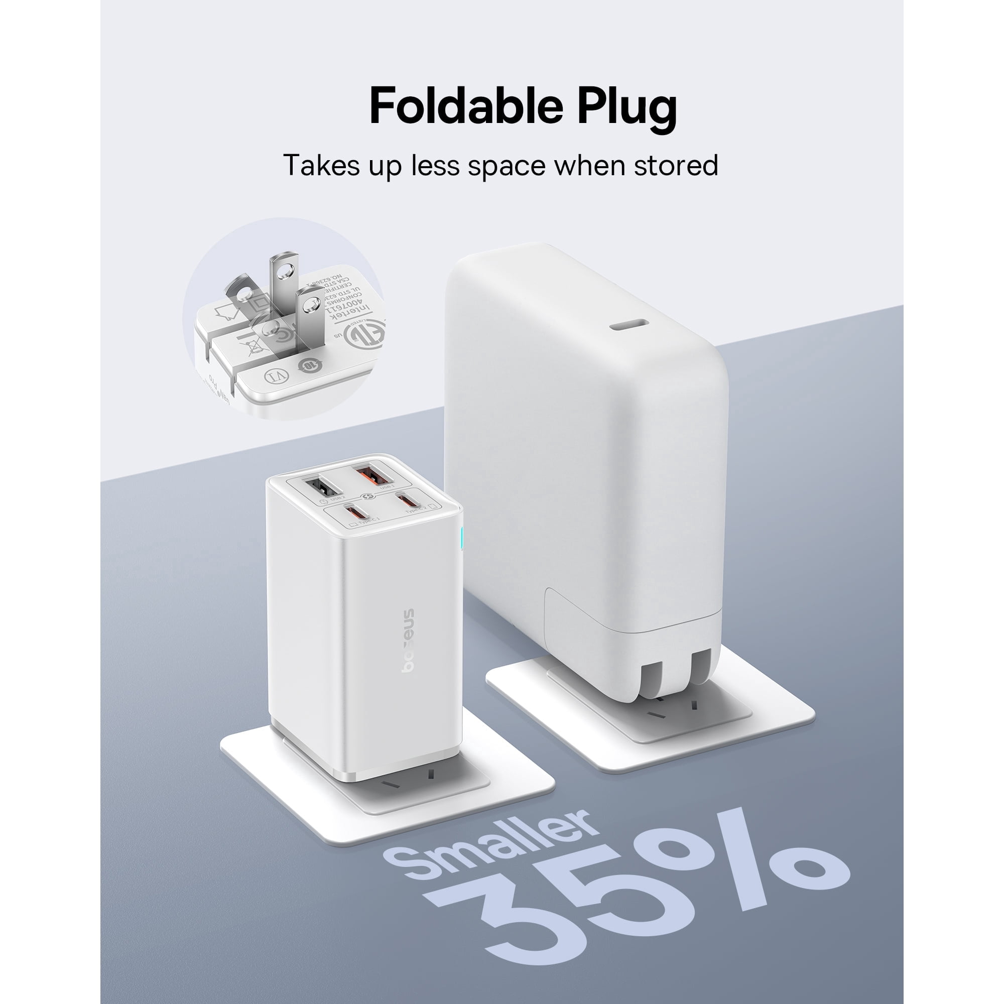 Baseus USB C Charger, 65W Wall Charger with USB C Cable, Fast Charging 4-Port USB Charger, White
