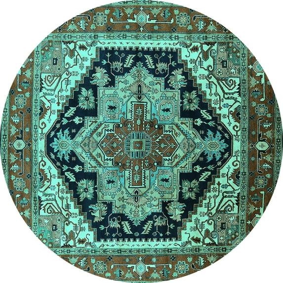 Ahgly Company Machine Washable Indoor Round Geometric Turquoise Blue Traditional Area Rugs, 4' Round