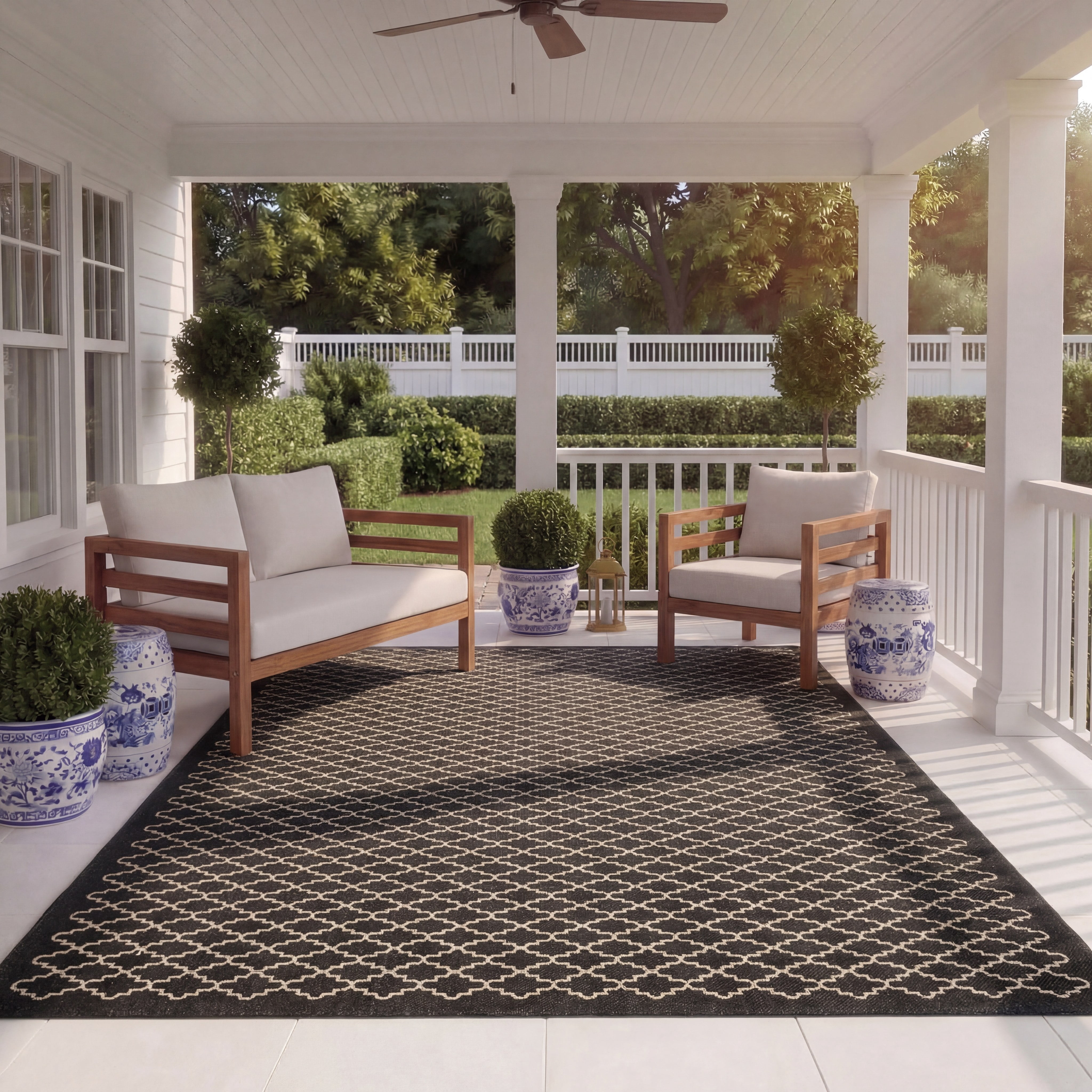 Safavieh Courtyard Hilbert Geometric Indoor/Outdoor Area Rug, Black/Beige, 5'3" x 7'7"