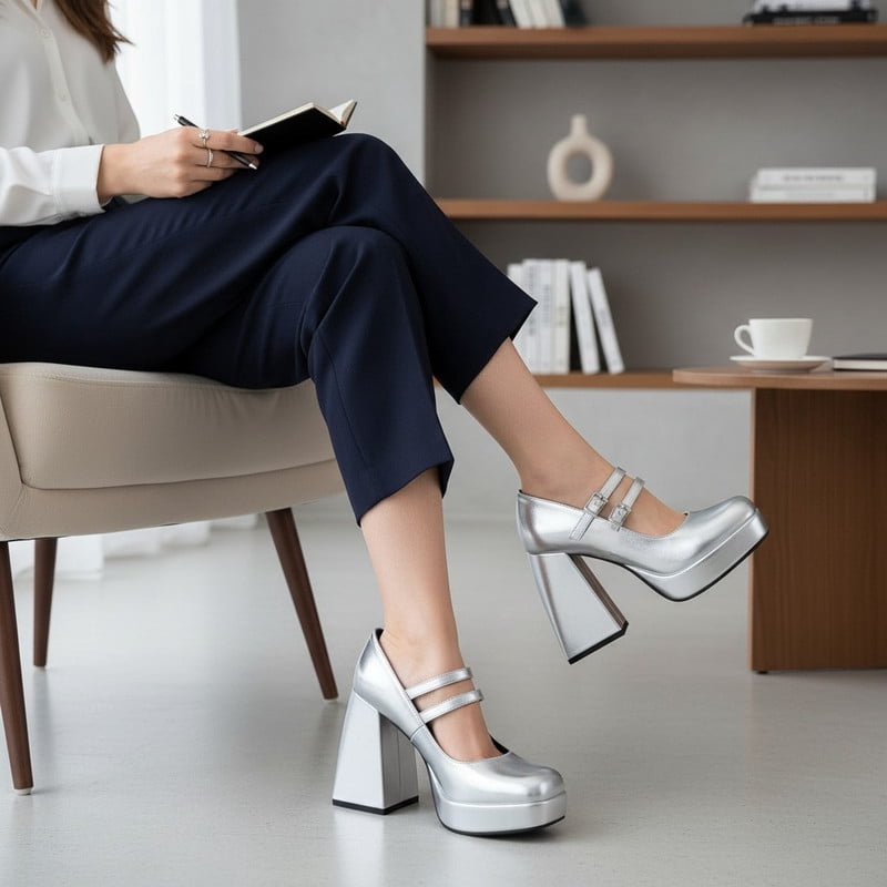Women’s Chic Silver Mary Jane Platform Chunky Heels