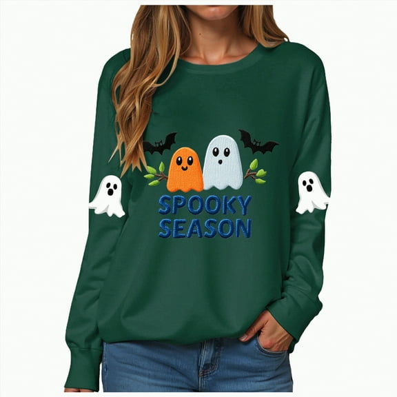 Towmus Halloween Plus Size Sweatshirts for Women Cute Ghost Casual Long Sleeve Embroidered Fall Pullover Sweatshirt