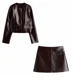thumbnail image 3 of Conjunto de falda de piel sintética burdeos ajustado a la moda, camisa con botones a presión y falda por debajo de la rodilla, conjunto a juego, traje de dos piezas de calle, 3 of 5