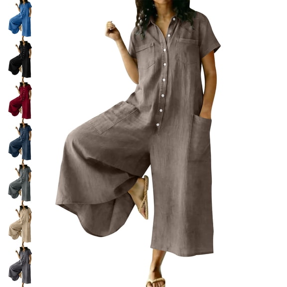 MLCDZ Women Cotton Linen V-neck Button Down Long Sleeve Wide Leg Loose Jumpsuit with Pockets Beach Vacation Palazzo Pants One Piece Jumpsuit