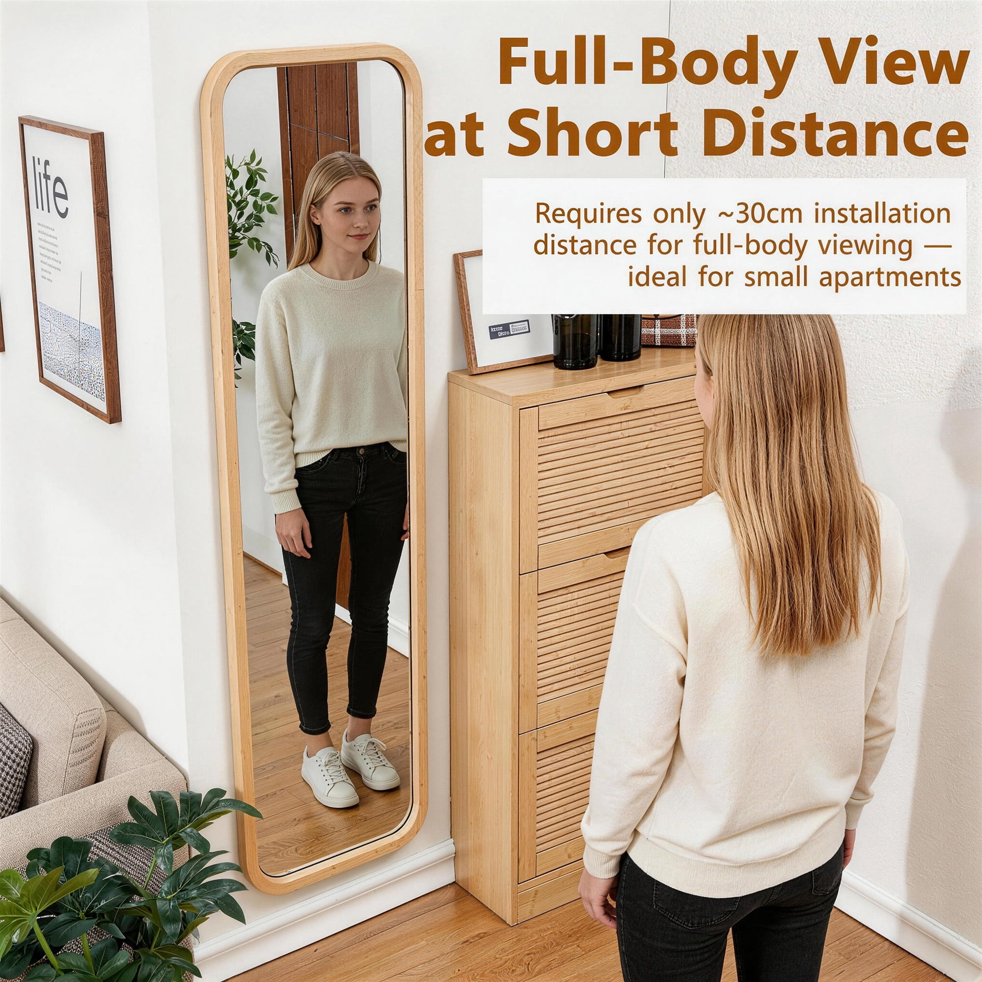 Solid Beech Wood Full Length Mirror with Stand, Freestanding Floor Mirror and Dressing Mirror for Bedroom Living Room, Natural Wood Wash