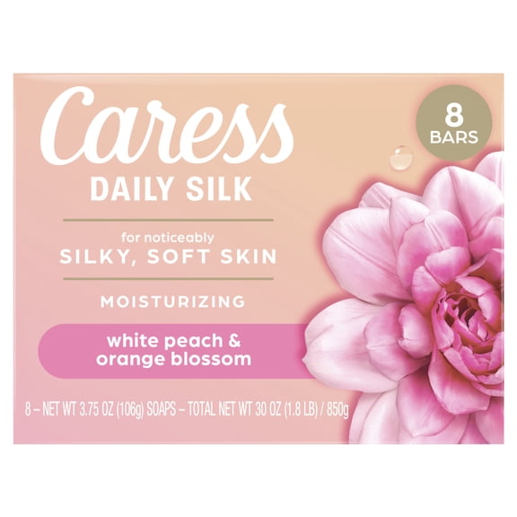 Caress Bar Soap for Women, Daily Silk White Peach & Orange Blossom for All Skin, 3.75 oz 8 Body Bath Bars
