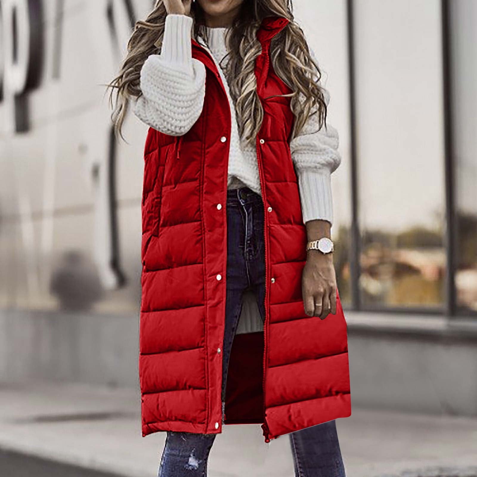 Red Puffer Vest Red Vest With Fur Hood Red Hooded Beaver Fur Vest With Fox Trim SKANDINAVIK FUR
