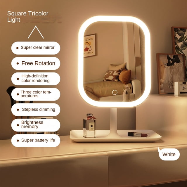 Espejo de tocador de escritorio moderno de nicho, espejo de maquillaje LED con luz de 3 colores, espejo táctil, espejo de tocador para dormitorio de mujer