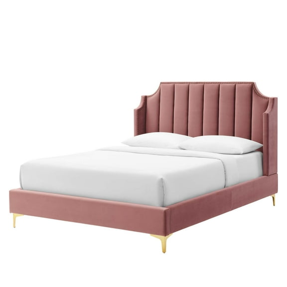 Platform Bed Frame, Queen Size, Velvet, Pink, Modern Contemporary Urban Design, Bedroom Master Guest Suite