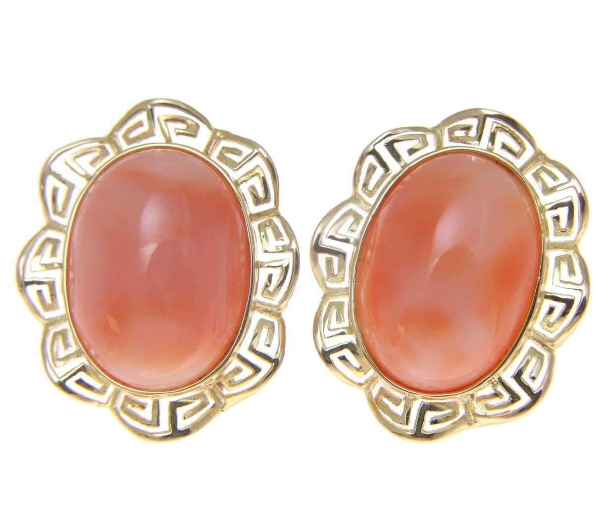 Genuine natural pink coral earrings greek wave omega french post 14k yellow gold by
