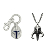 Official STAR WARS SET Mandalorian Mythosaur Skull Pendant NECKLACE + Mando HELMET KEYCHAIN, Officially Licensed Combo Pkg