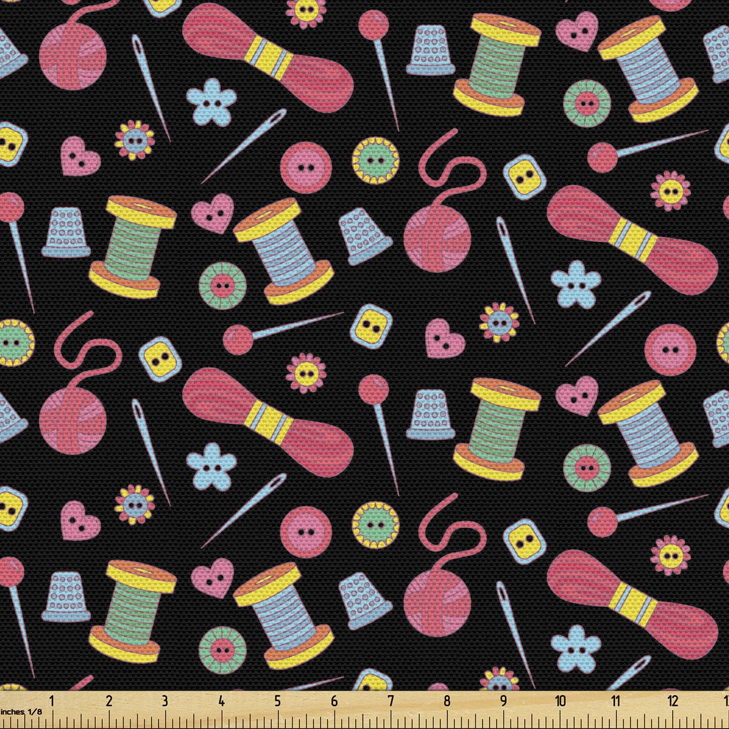 Hobby Upholstery Fabric by the Yard Colorful Sewing Tools on the Dark Background Handicraft Needlework Knit Theme Decorative Fabric for DIY and Home
