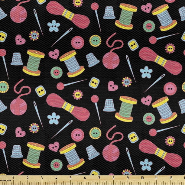 Hobby Upholstery Fabric by the Yard, Colorful Sewing Tools on the Dark
