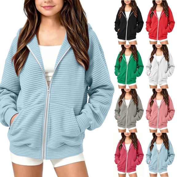 Tbopshirt Girls Hoodies Zip Up Long Sleeve Casual Hooded Jacket with Front Pocket for School Fall Outdoor Wear Jackets Tops Age: 5-15 Years