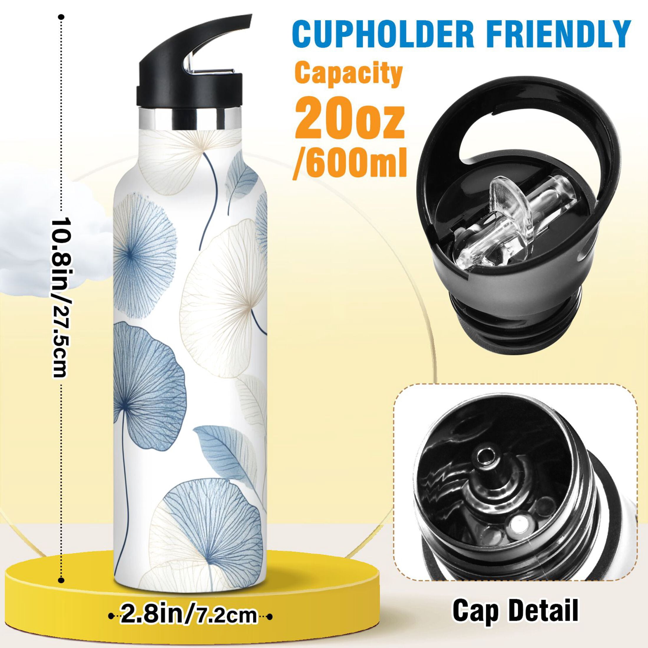 Kids Insulated Stainless Steel Sports Water Bottle 600ml (20oz) Blue and Beige Dandelion