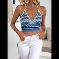 thumbnail image 4 of Camisolas de Punto para Mujer, de Verano, con Cuello Halter en V, A Rayas, Informales, Sin Mangas, para Playa, Vacaciones, Top Corto. Azul M, 4 of 7
