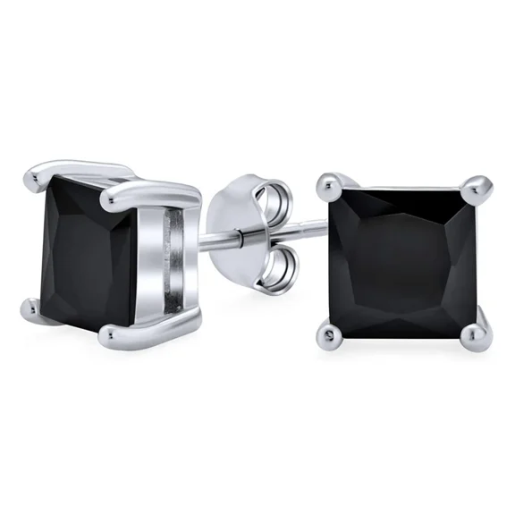 2 ct Princess Cut Simulated Black Onyx Cubic Zirconia Square 925 Sterling Silver Stud Earrings For Men & Women