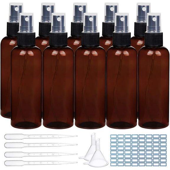 1 Set 16 Pack 3.4oz/100ml Amber Brown Plastic Spray Bottle with Fine Mist Sprayers Atomizer Caps for DIY Home Cleaning Aromatherapy and Beauty Care