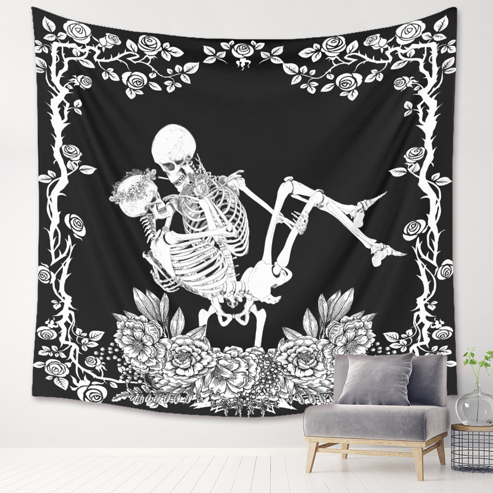 Skull Wall Tapestry,Skull Wall Art Gift,Boho Skull Home Decor,Flower Skull Wall Tapestry,Fantasy Wall Painting,Gothic Tapestry Blanket
