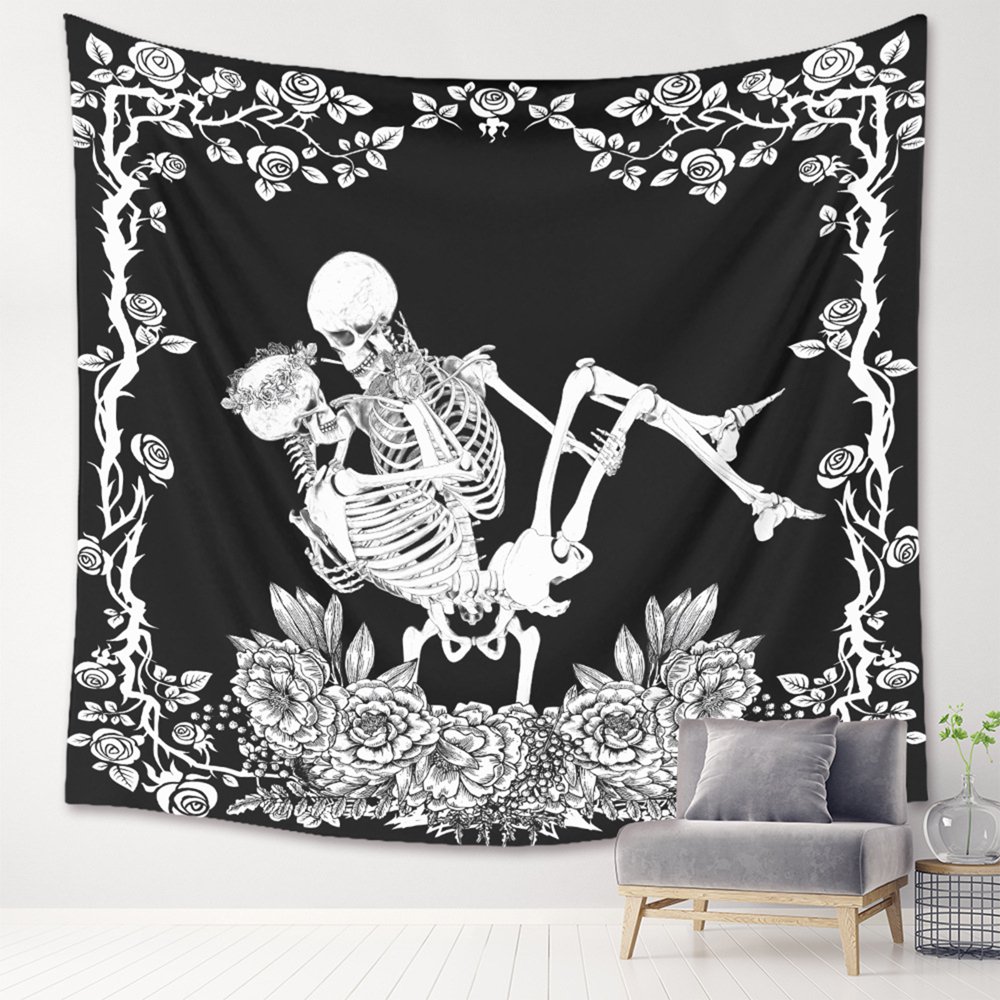 One opening Skull Tapestry, The Kissing Lovers Tapestry Wall Hanging, Black and White Romantic
