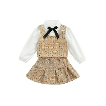 

Bmnmsl Girls Skirt Set Solid Color Long Sleeve Shirt Plaid Vest Skirt