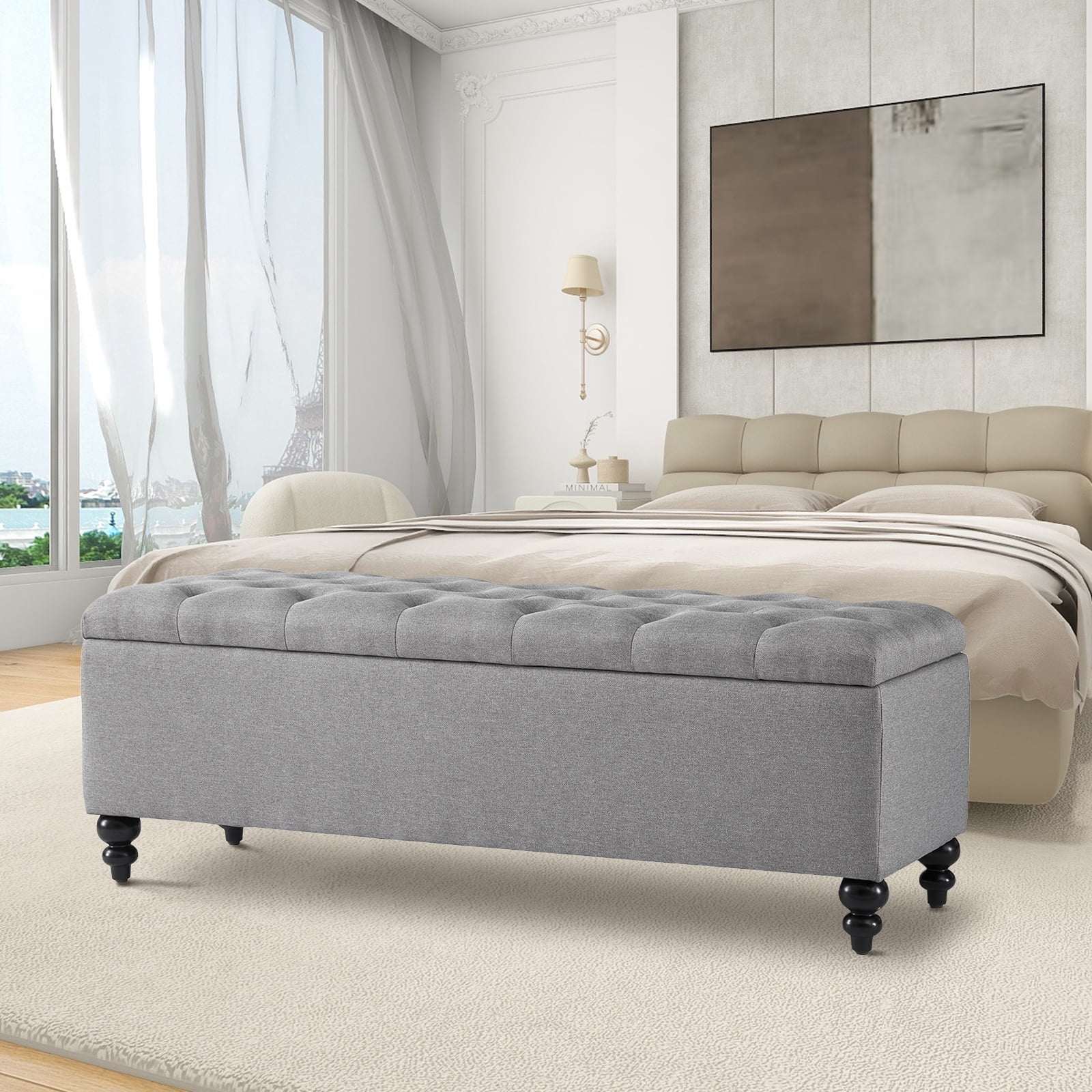 Upholstered Fabric Storage Ottoman Bench, 50.2 Inches, Button Tufted