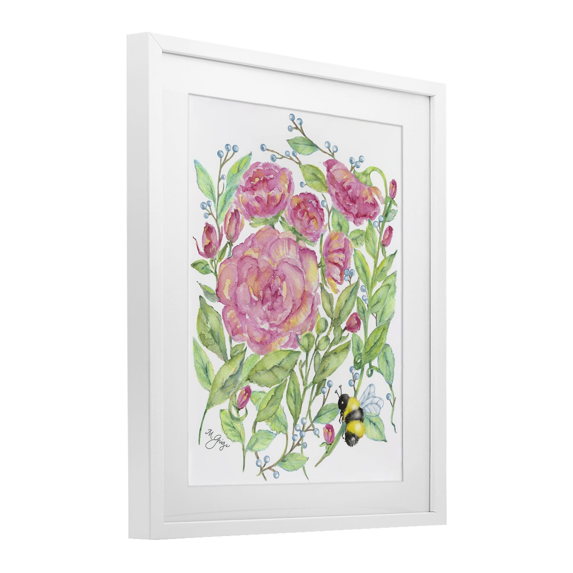 Stupell Industries Peony & Bumble Bee White Framed Print Under Glass, design by Maureen Grigs