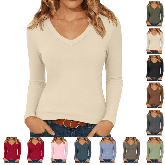 Utoimkio Women's V Neck Long Sleeve Undershirts Slim Fitted Stretchy Casual Basic Tee for Daily Wear Size XS-XL