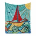 thumbnail image 1 of Art Soft Flannel Fleece Blanket, Baby Boy Paintings Ship in the Waves of Ocean Sun Kids Girls Nursery Picture, Cozy Plush for Indoor and Outdoor Use, 60" x 80", Teal Red Earth Yellow, by Ambesonne, 1 of 6
