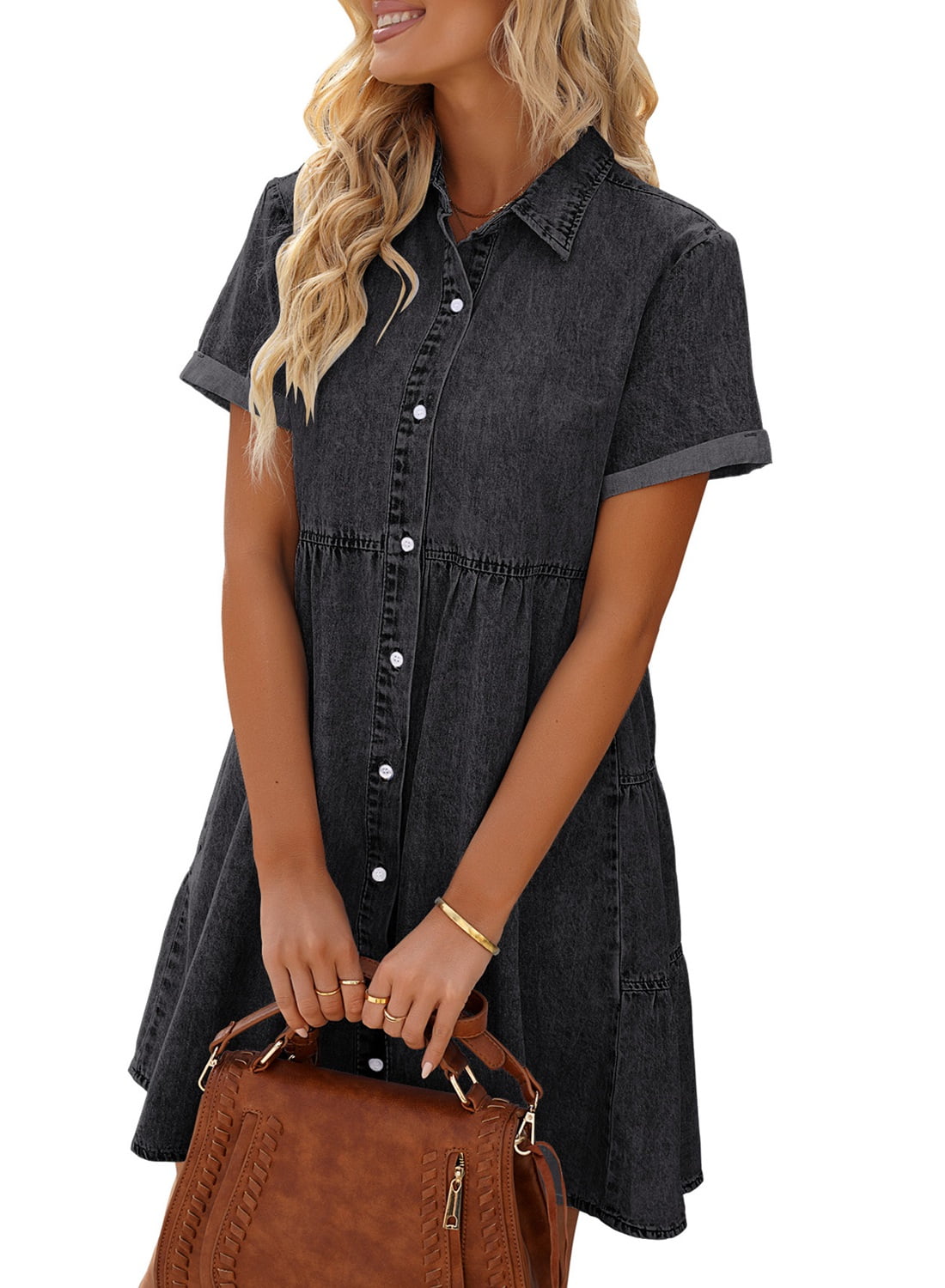 LookbookStore Women's Fall Fashion Short Sleeve Button Down Tiered Babydoll  Denim Dress, Size M, Reef Blue - Walmart.com