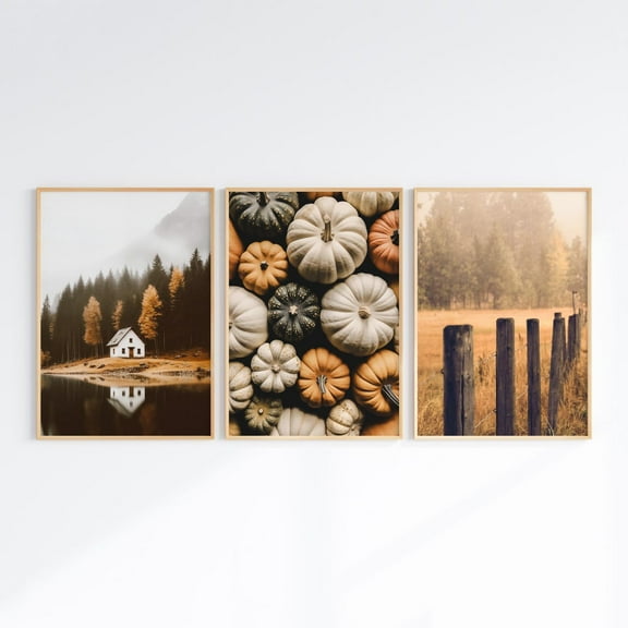 Luvia Autumn Wall Art, Fall Landscape Set of 3 Prints, Autumn Poster, Farmhouse Decor, Mountain Forest Art, Pumpkins Photography Wall Decor Set 3 Prints 8x12 UNFRAMED