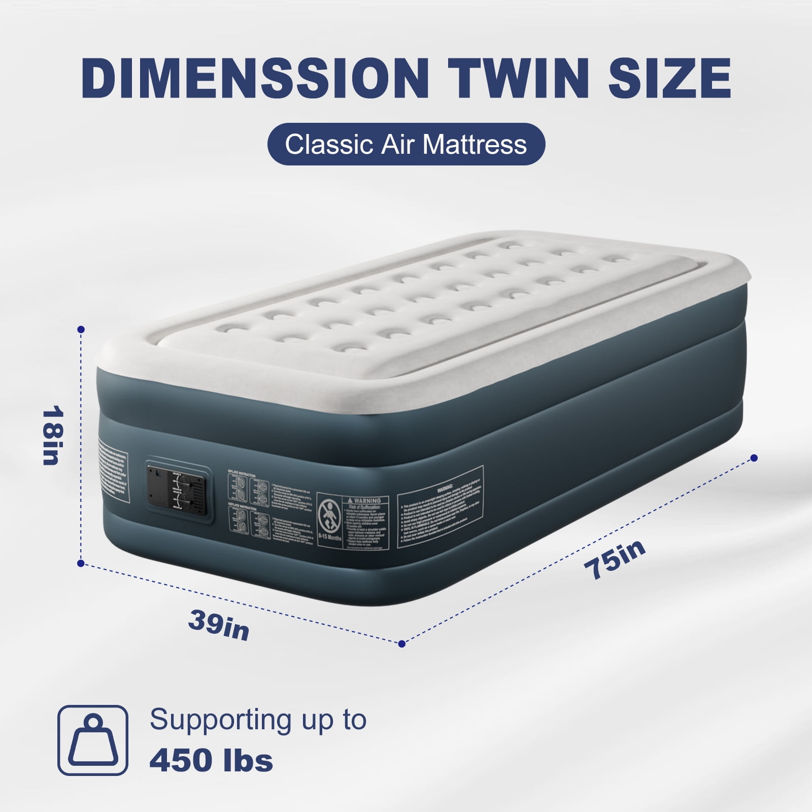 Ktaxon 18" Twin Air Mattress with Built-in Pump, Elevated Inflatable Bed, Two Chamber Airbed for Home Cmaping & Guests, Gray & White