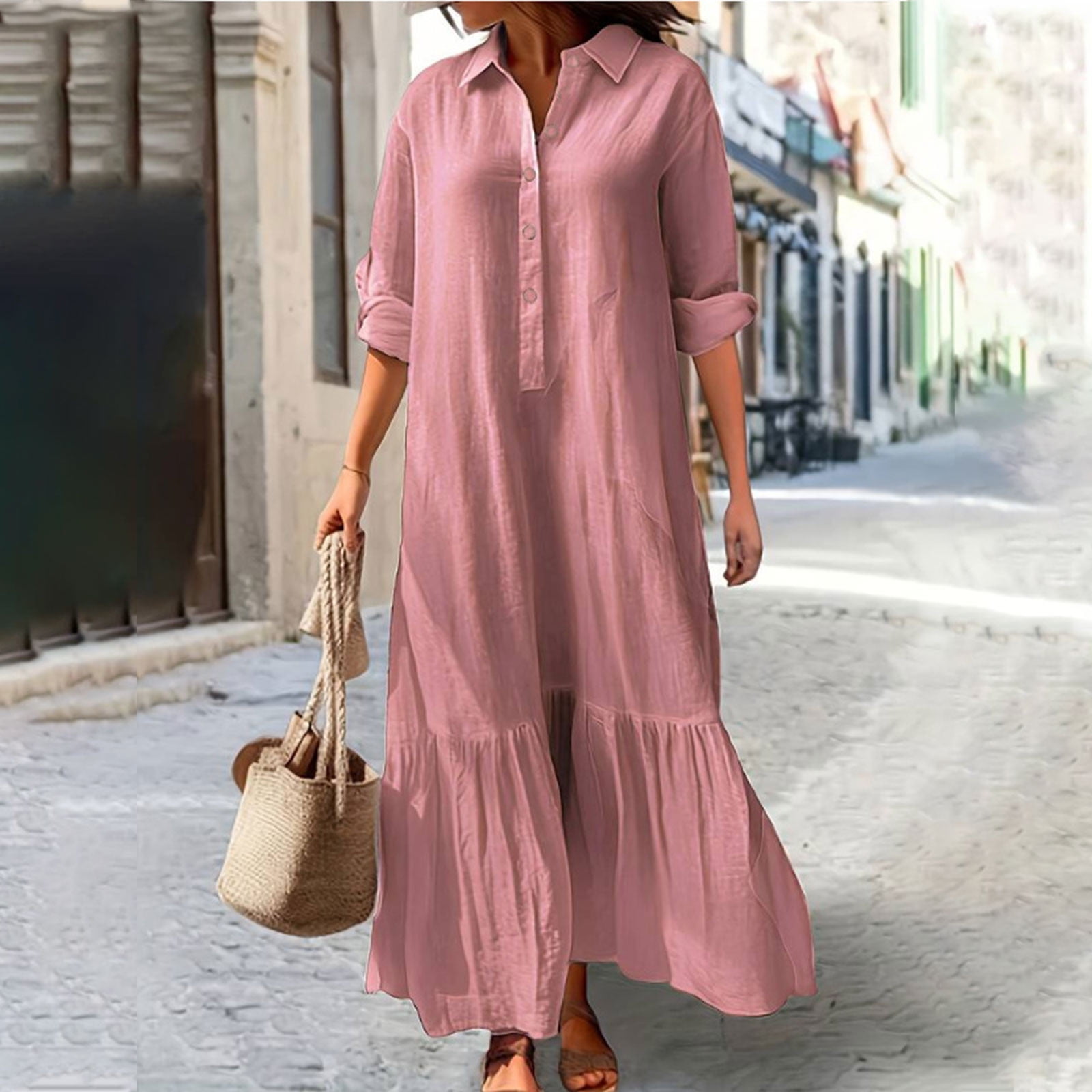 Women Cotton Linen Long Sleeve Button Lapel Maxi Shirt Dress Plus-size Layered Ruffled Hem Dress for Daily Wear