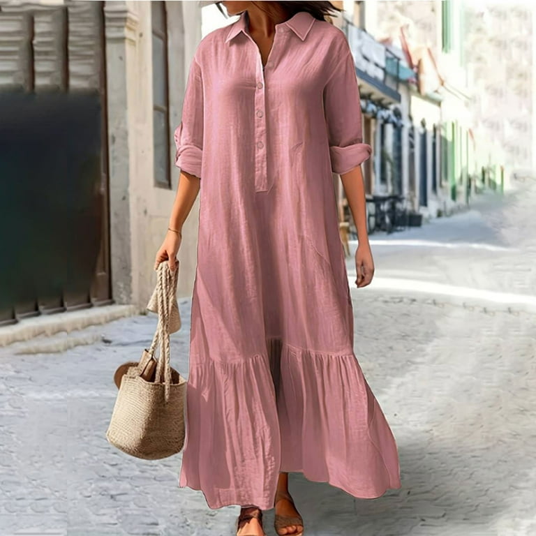 WRKEKC Womens Dresses Casual Solid Color Long Sleeve Button Front Midi  Dress for Fall Spring Cotton Linen Blend V-Neck Shirt Dress Style with  Pockets