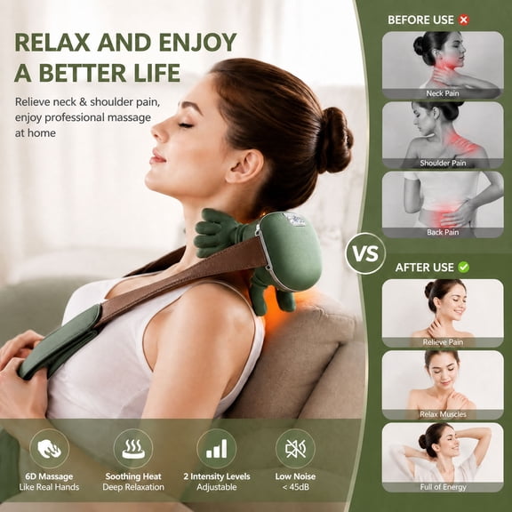 6D Deep Kneading Neck and Shoulder Massager with Heat, Cordless Portable Back and Leg Massage Device, 2 Intensity Levels, Low Noise Ergonomic Massager for Home, Office, Travel and Relaxation
