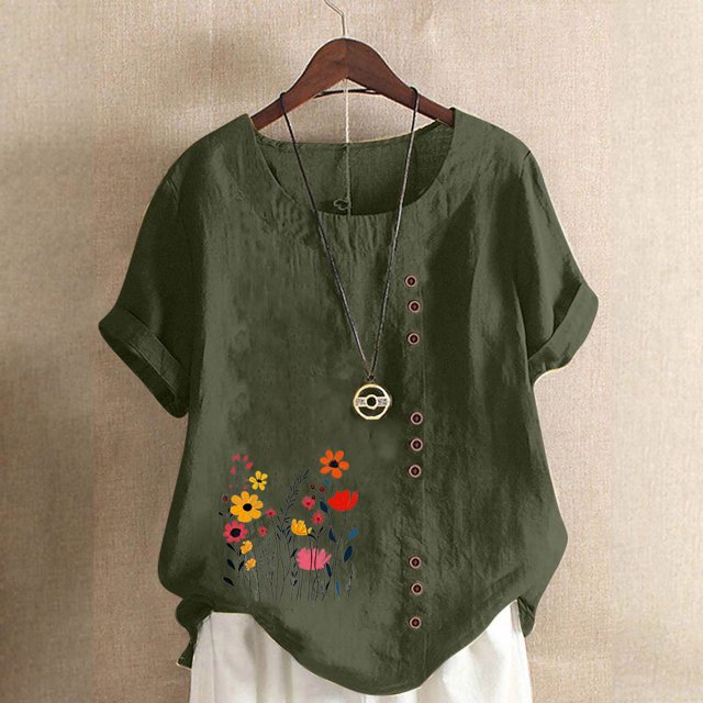 Weiqiqre T-Shirts pour Femmes Broderie Florale Chemises en Lin Manches 3/4 Col Rond Babydoll Hauts Blouses