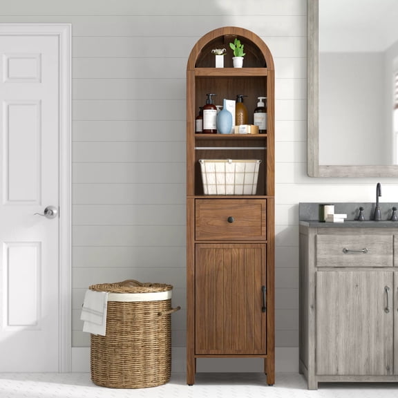 Oubayajia 64" Tall Bathroom Storage Cabinet, Narrow Tall Arched Linen Standing Tower Cabinet, Kitchen Cupboard with Adjustable Shelf and Drawer