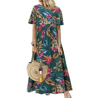 ZANZEA Women Casual Vintage Round Neck Print Loose Long Dress - Walmart.com