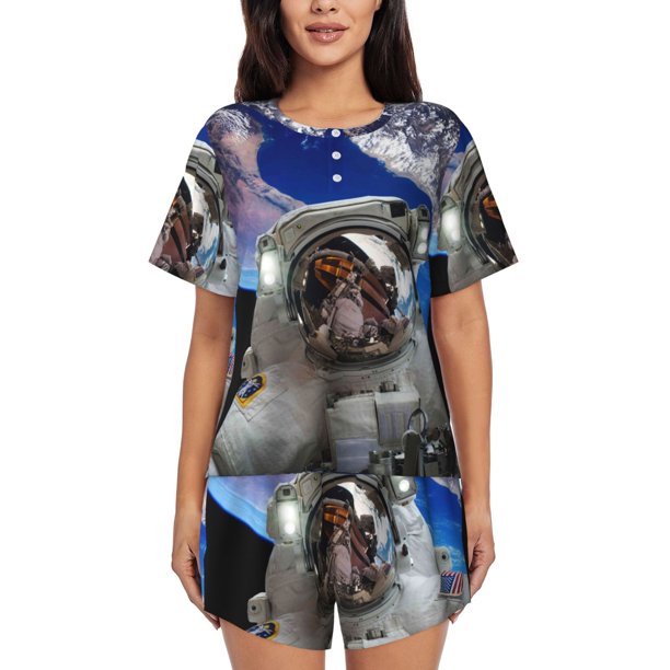 Balery Astronaut in Outer Space Conjunto de Pijama para Mujer con Estampado, Dos Piezas de Manga Corta y Shorts, Ropa de Dormir Suave con Cuello Redondo y Bolsillos-Large