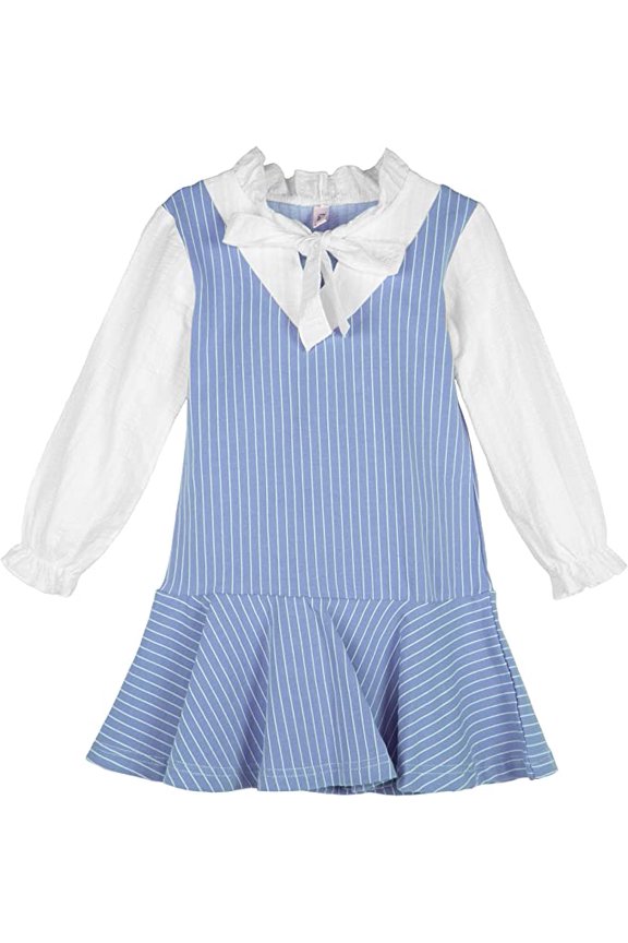 Toddler Little Girls Long Sleeve Dress Ribbon Bowknot Stripe Blouse Shirts Dresses Blue 2-3 Year
