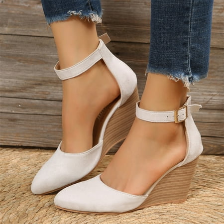 

Ladies Fashion Closed Toe Solid Suede Pointed Wedge Heel Thick Bottom Buckle Sandals