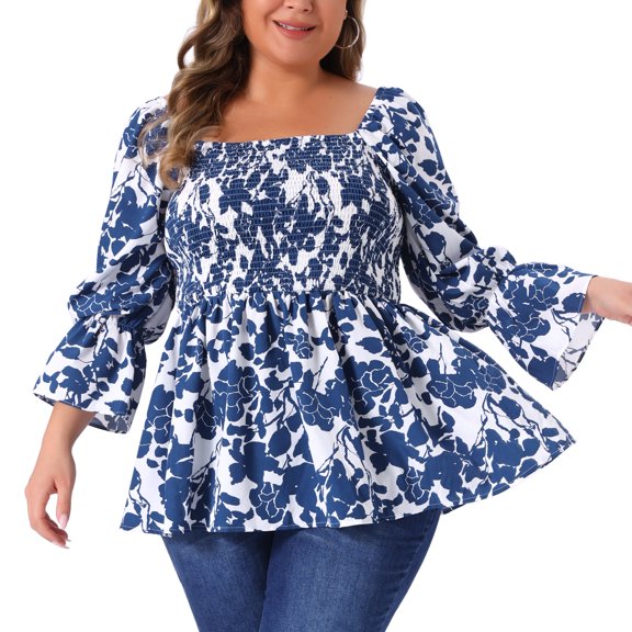 DARING DIVA Women's Plus Floral Print Square Neck Blouse 1X Blue