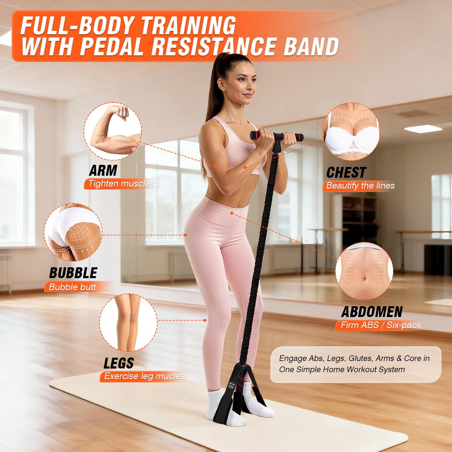 Pedal Resistance Band with Handles, 55/75LBS Women Exercise Band for Full Body Training, Core, Legs, Glutes, Arms & Sit Up Equipment