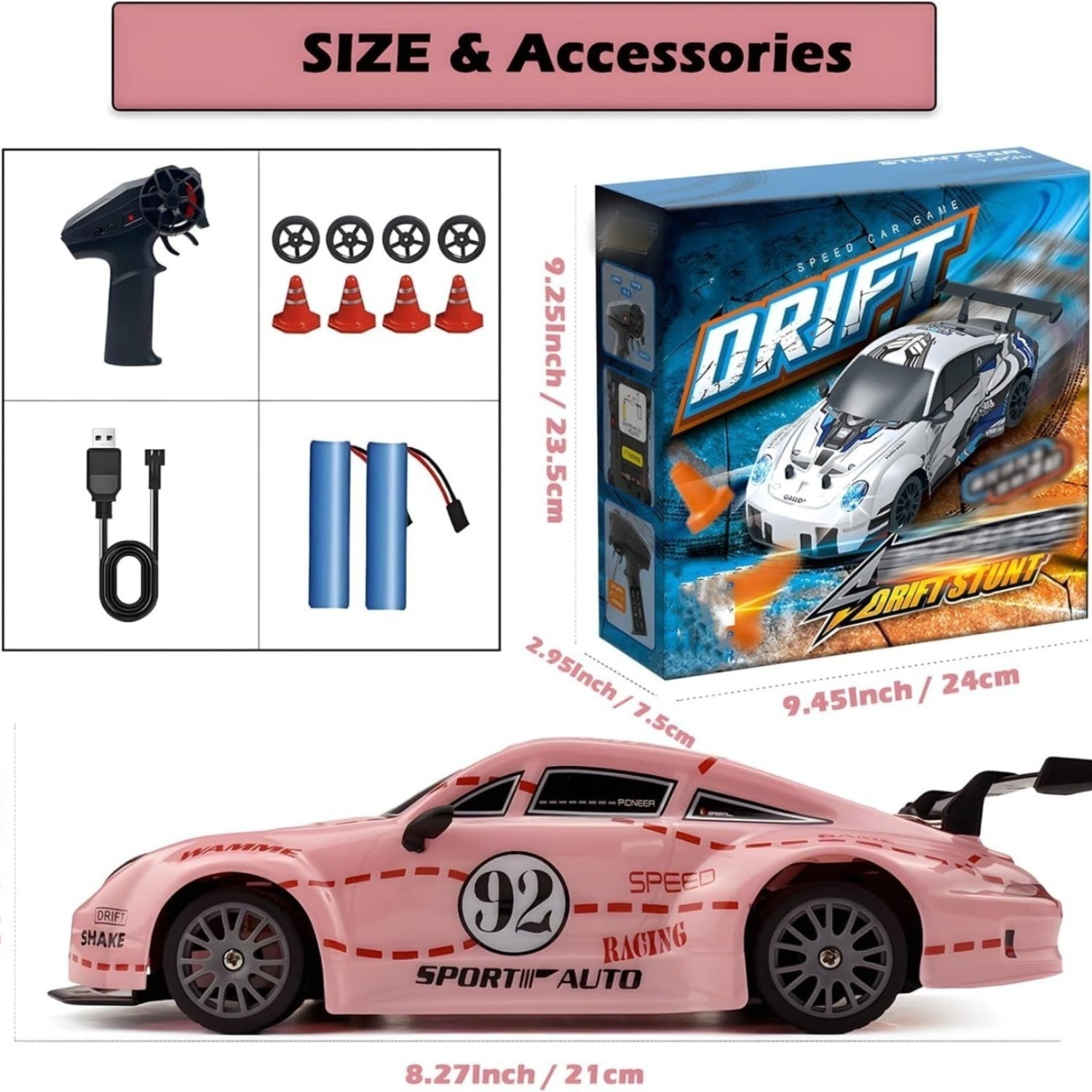 Pink RC Drift Car , 1:24 Scale 4WD High Speed Remote Control Car with 2.4GHz, LED Lights & 2 Batteries, Racing Toy Christmas game