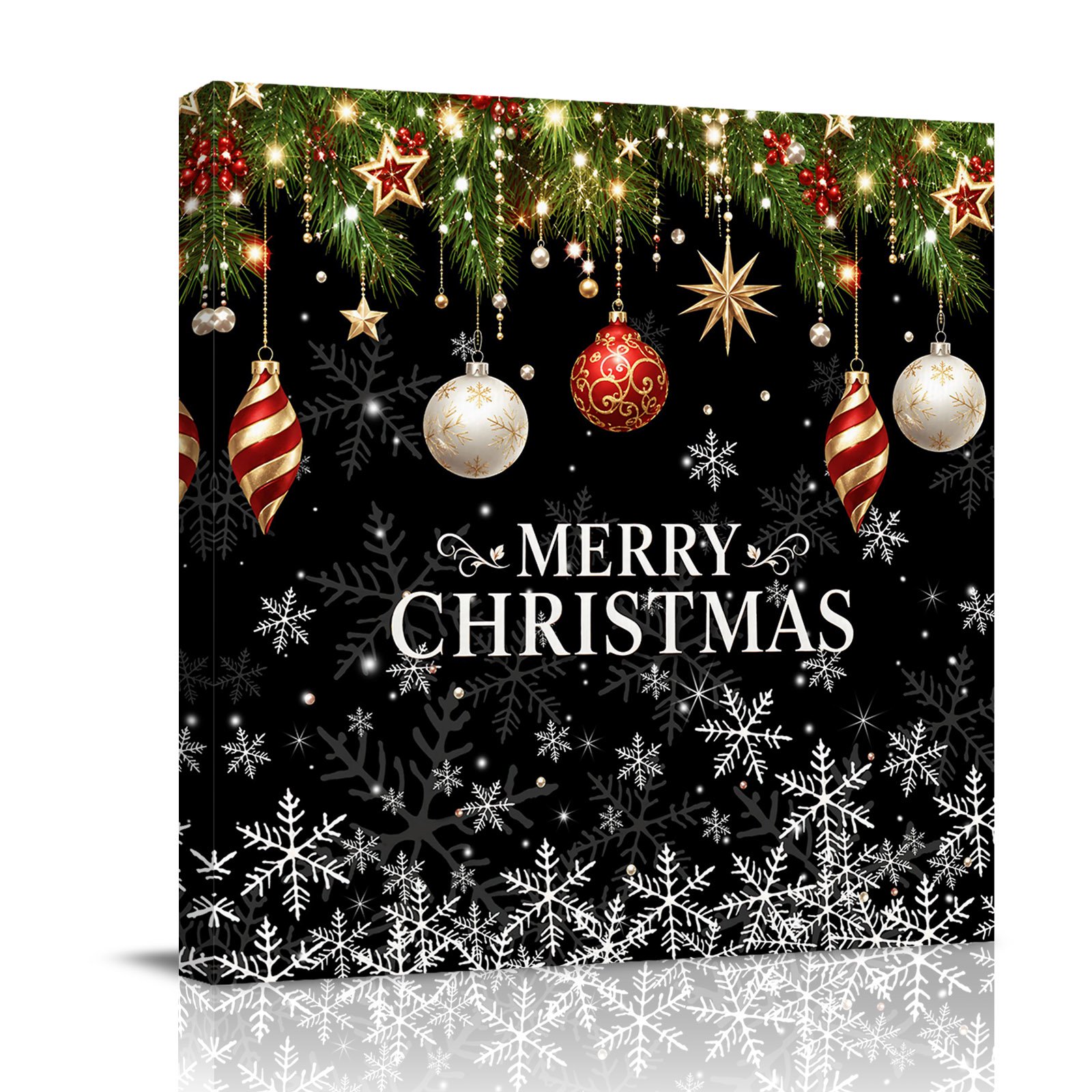 Canvas Wall Art Black Christmas Balls Framed Canvas Prints for Bathroom Kitchen Xmas Snowflake Pine Needle Botanical Gallery Wrapped Wall Decor for Home Office Gifts 10 x10 Ship Next Day