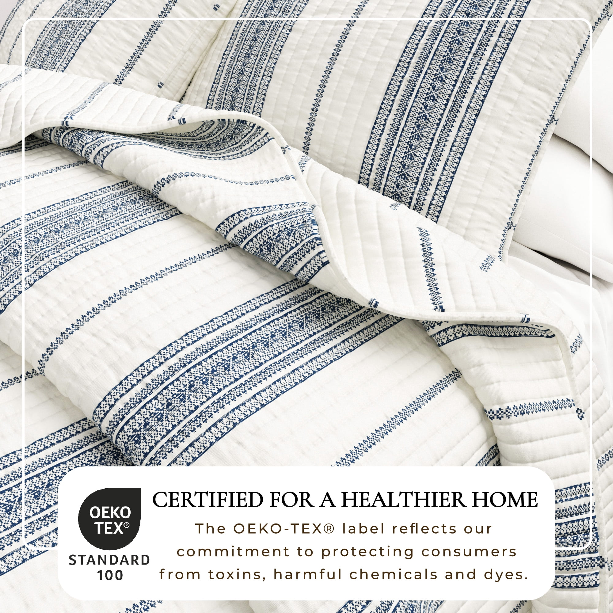 Striped Quilt Set - Lightweight, Soft, All-Season - 3-Piece Reversible Farmhouse Bedding Set (King / California King, Cream / Navy)