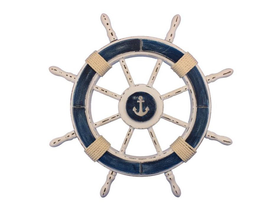 Rustic All Dark Blue Decorative Ship Wheel With Anchor 24" Wooden Ship Wheel