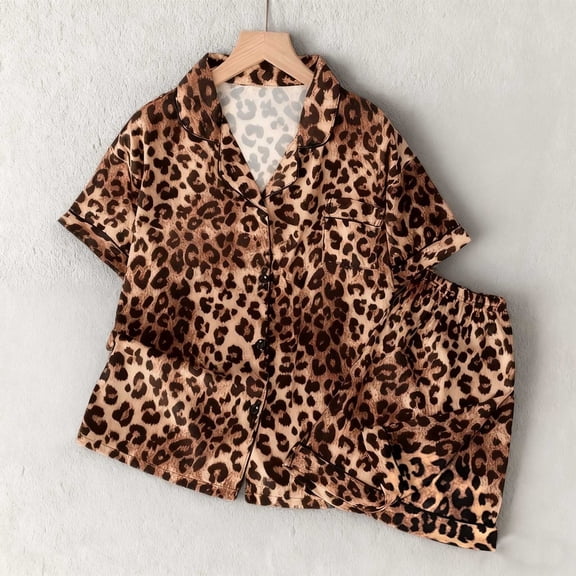 FASHOFT Leopard Pajama for Women Set Silk Satin Classic Button Down Sleepwear Soft Short Sleeve Pjs Sets Brown M