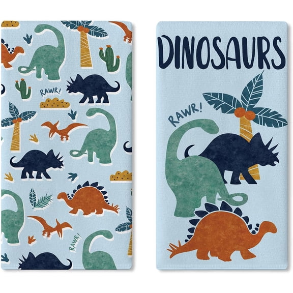 Cartoon Dinosaur Palm Tree Kitchen Dish Towels, 18x26 Inch Light Blue Decor Absorbent Cleaning Hand Towels Set of 2